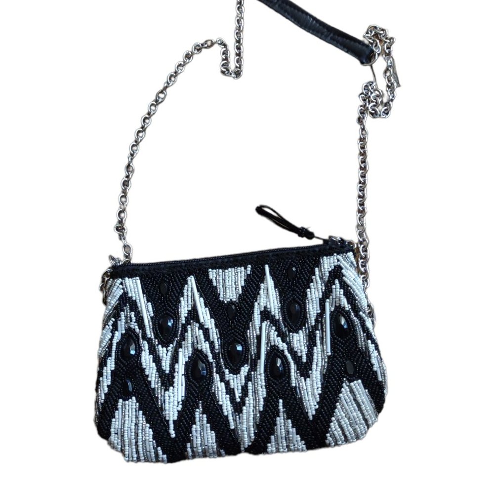 Mary Frances Vintage Black & White Beaded Embellished Chain Strap Evening Purse